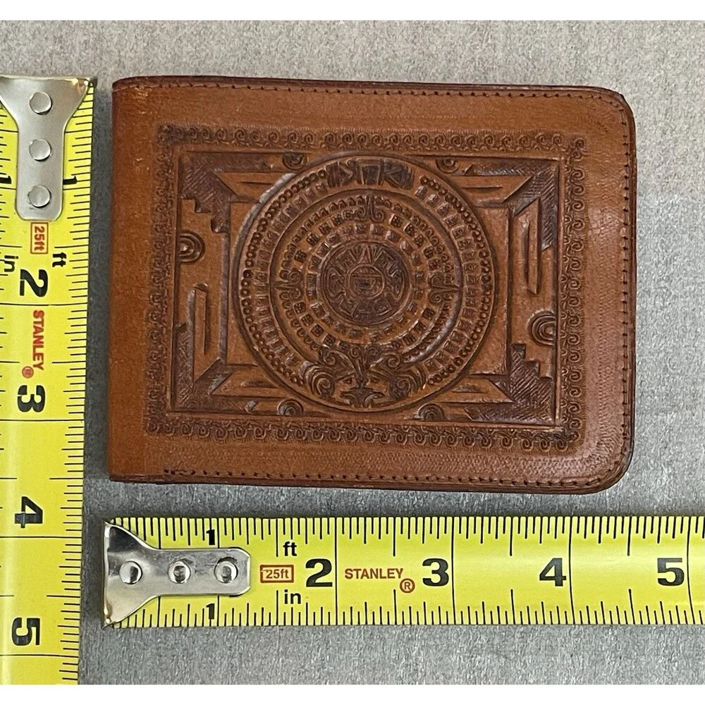 VTG Handcrafted Mexican Tooled Leather Bifold Wallet Aztec Calendar Sun ID Slot